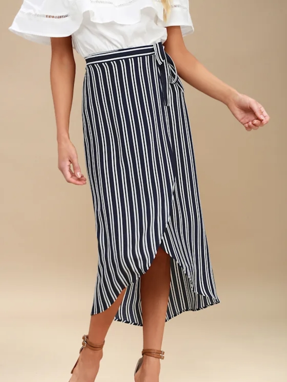 NWOT Striped Navy Wrap Midi Skirt